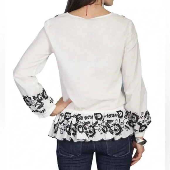 Scully Women’s Boho Western Embroidered Cotton Ruffle‎ Blouse White Black S EUC - Picture 2 of 13